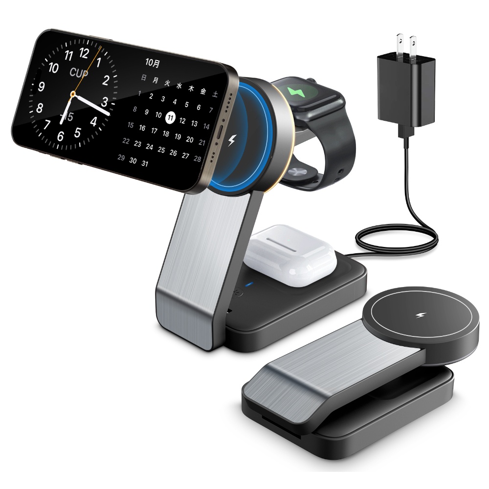 JOYYTECH 15W Max Fast Wireless Charger 3-in-1 Magnetic Foldable Charger Station for iPhone Apple Watch AirPods 24W USB-C Charger Included(Model:W79) Black