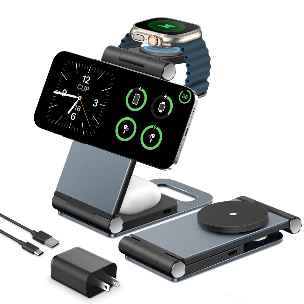 JOYYTECH 15W Max Fast Wireless Charger 3-in-1 Magnetic Foldable Charger Station for iPhone Apple Watch AirPods 24W USB-C Charger Included(Model:T9) Gray