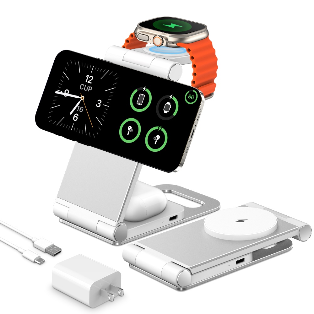 JOYYTECH 15W Max Fast Wireless Charger 3-in-1 Magnetic Foldable Charger Station for iPhone Apple Watch AirPods 24W USB-C Charger Included(Model:T9) Silver