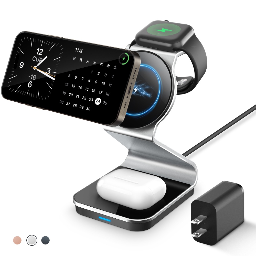 JOYYTECH Wireless Charger Stand 3-in-1 15W Max Fast Charging Station for iPhone Apple Watch AirPods, 20W USB-C Charger Included (Model:105) Silver